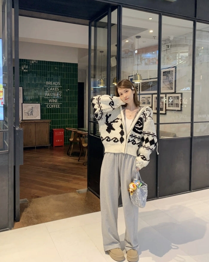 Korean OPEN YY Rose Jacquard Thick Knit Cardigan