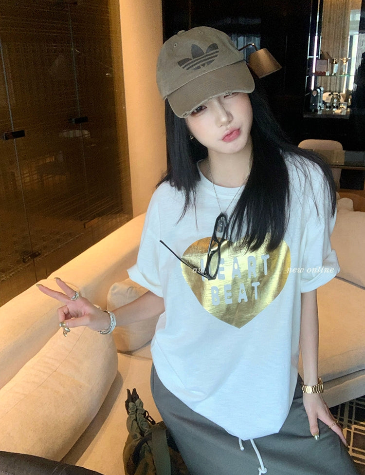 Vintage gold-foil heart bamboo-slub tee