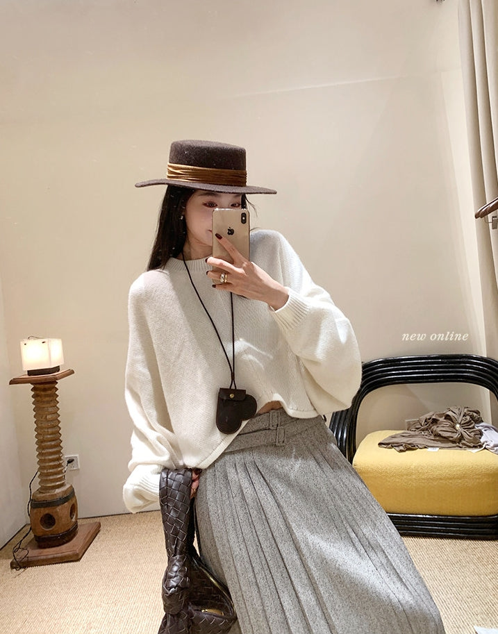 Back-Slit Relaxed Patchwork Batwing Sleeve Knit Top