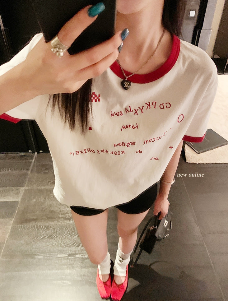 American-style color-block letter embroidered cotton tee