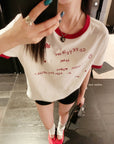 American-style color-block letter embroidered cotton tee