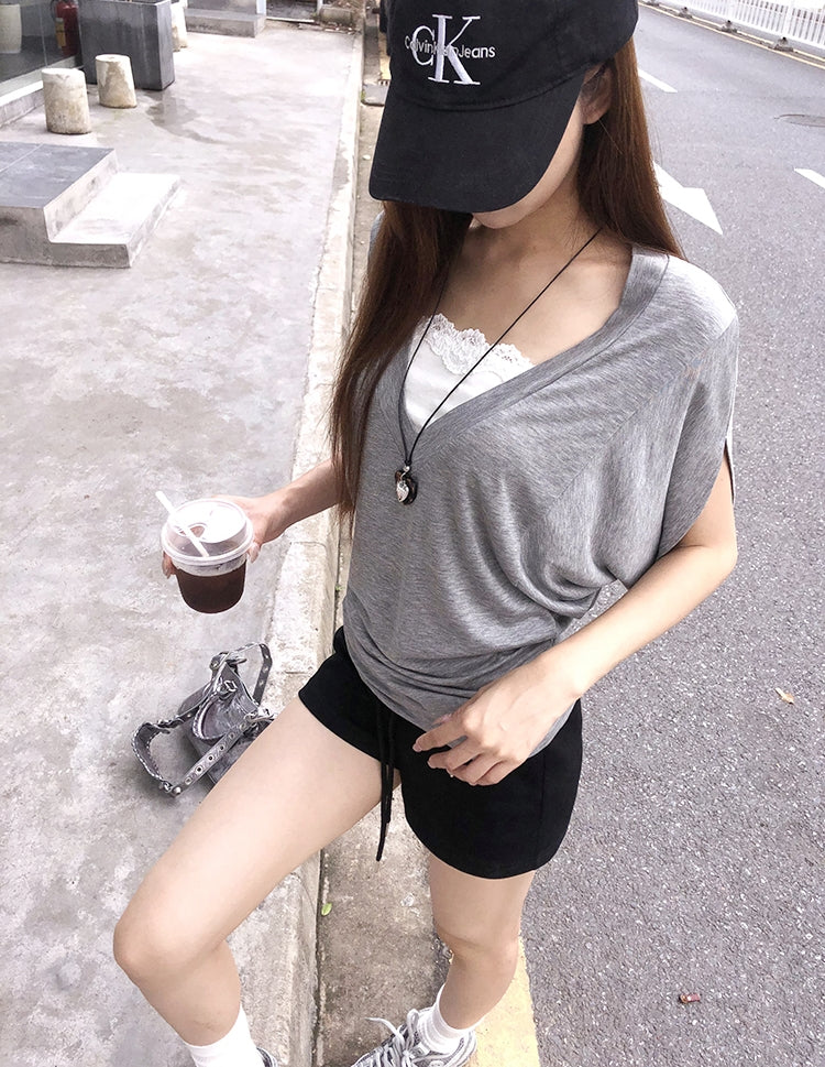 Regular-Shoulder Lace Patchwork Batwing Waist Tee