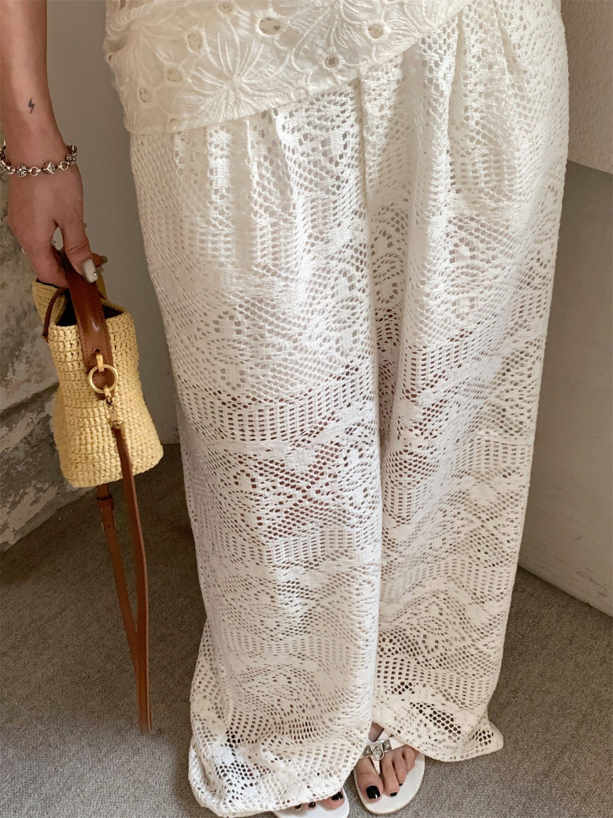 Hollow Lace Wide-Leg Pants