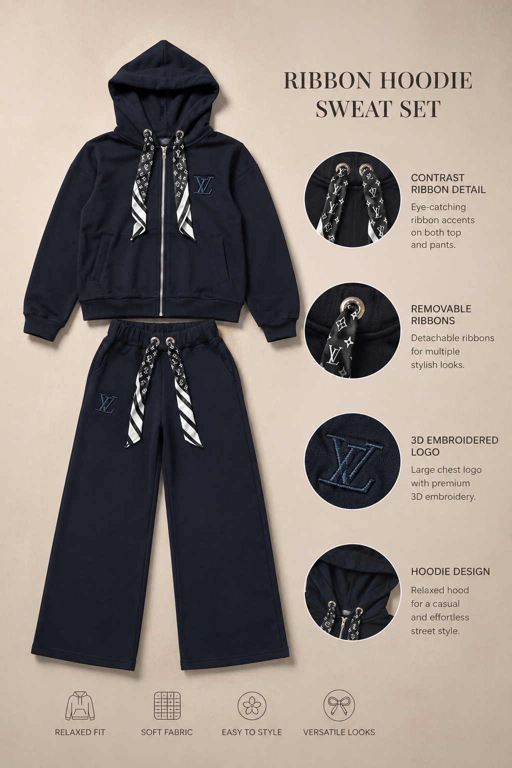 Ribbon Hoodie &amp;amp; Wide-Leg Sweatpants Set