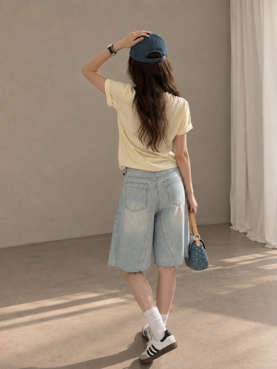 Light-Wash Wide-Leg Denim Bermuda Shorts