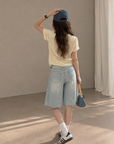 Light-Wash Wide-Leg Denim Bermuda Shorts
