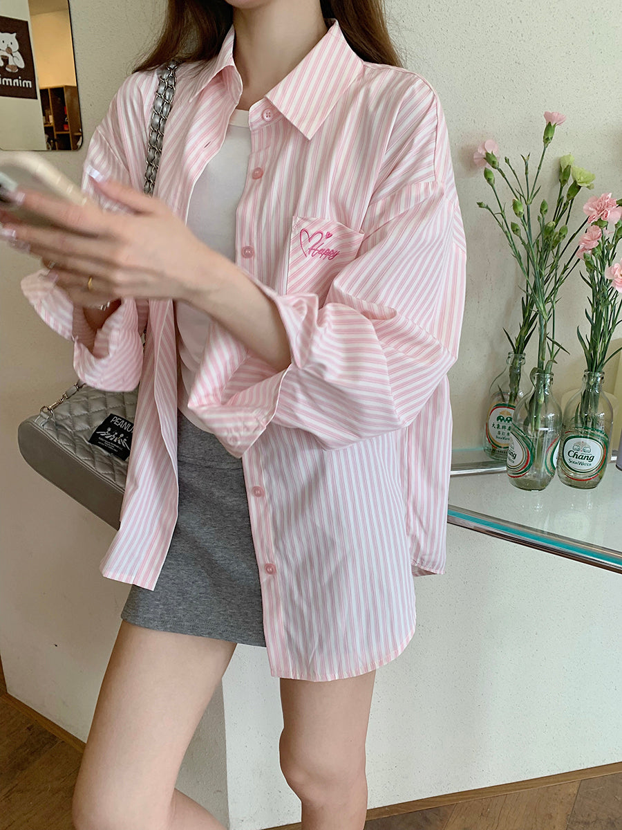 Korean-Style Sweet Pink Striped Shirt