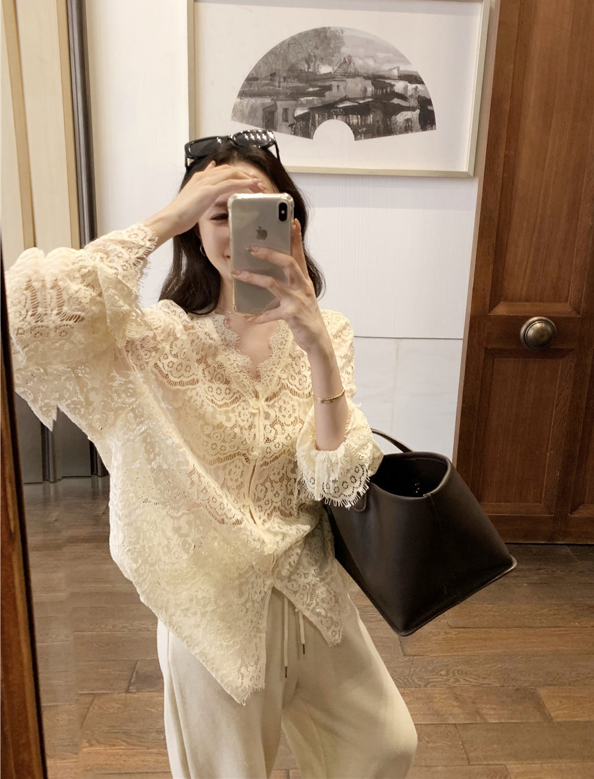 Embroidered Lace Hollow-Out Flare Sleeve Sunscreen Top