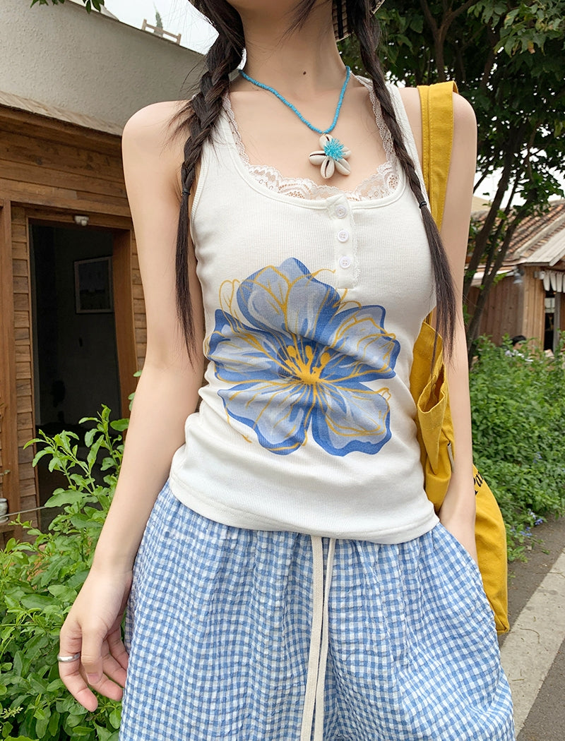 Summer Floral Lace Trim Tank Top