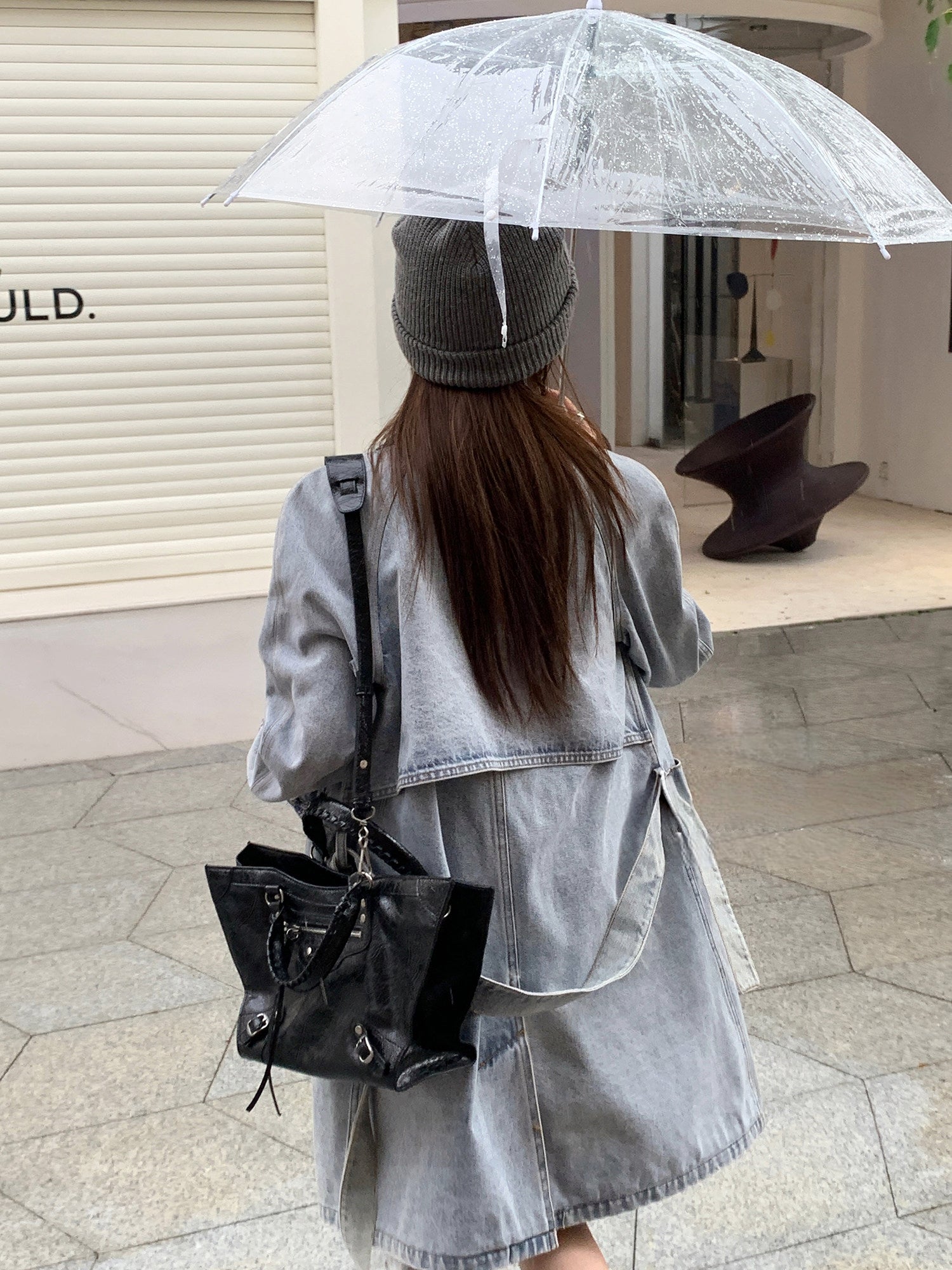 Elegant Tweed Patchwork Washed Denim Trench Coat