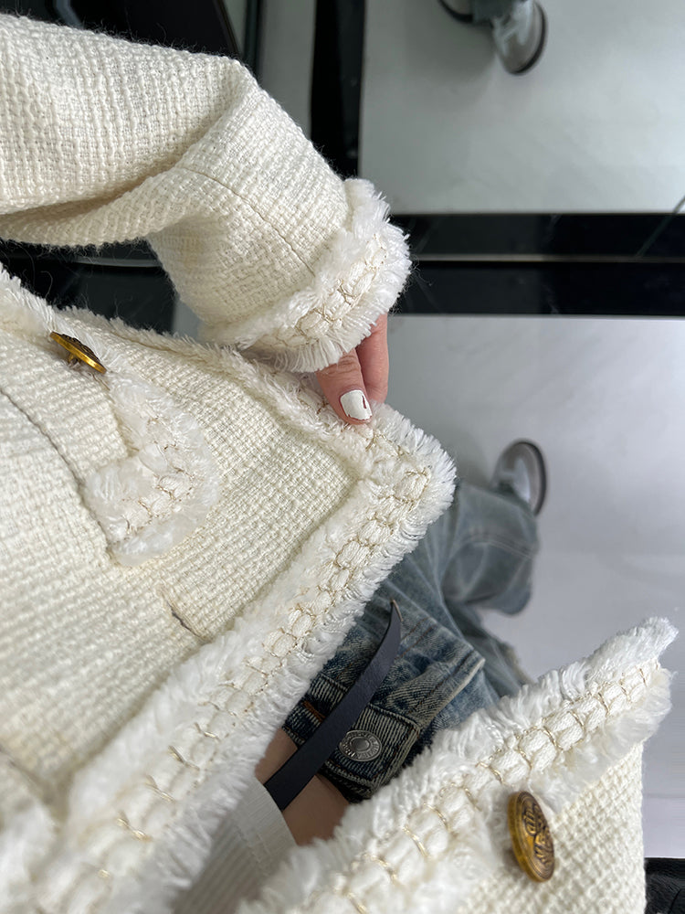 Golden Wool-Blend Tweed Short Jacket with Pearl Detailing