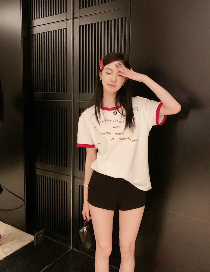 American-style color-block letter embroidered cotton tee