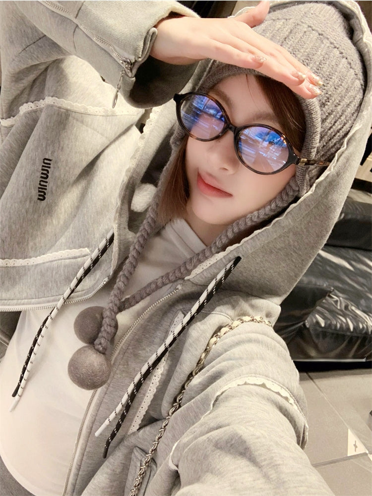 Ruffled Trim Hooded Zip-Up Sweatshirt