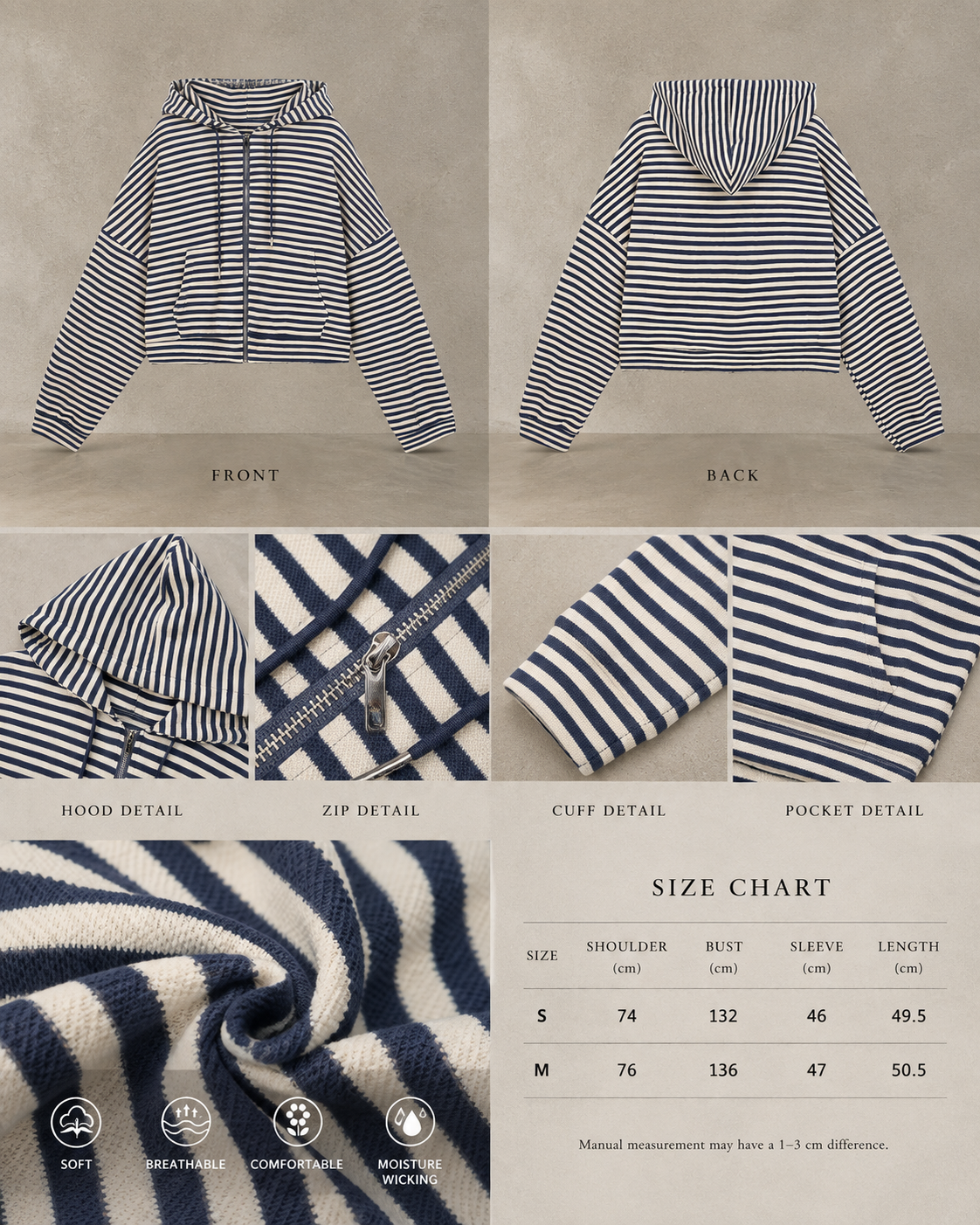 Korean-Inspired Blue Striped Hooded Zip-Up