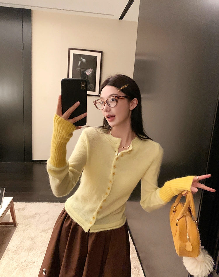 Contrast Wave-Edge Knit Cardigan