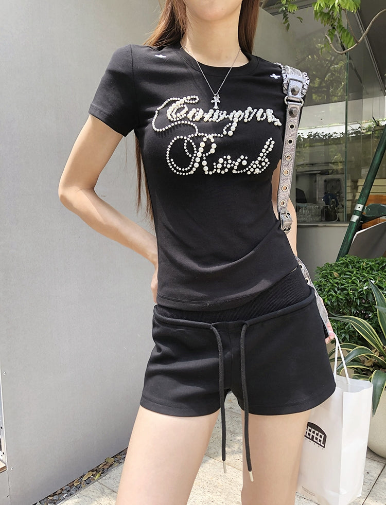 Black Structured Shoulder Beaded Cotton Tee