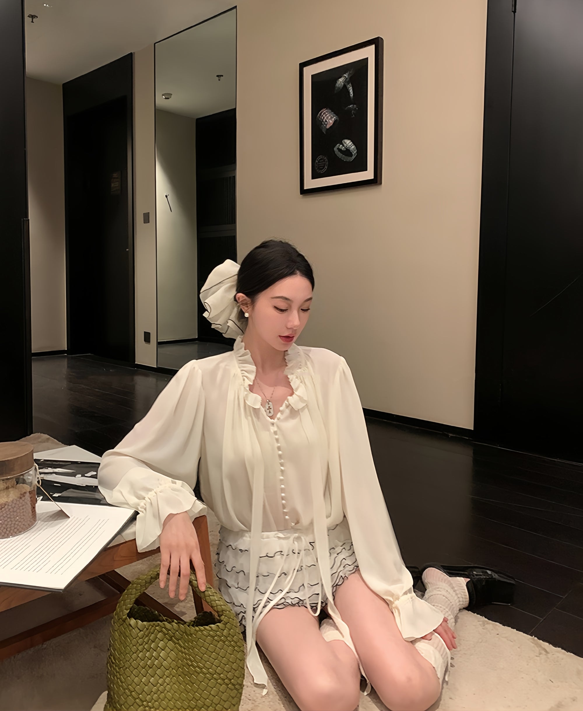 White Moonlight Ribbon Chiffon V-Neck Blouse