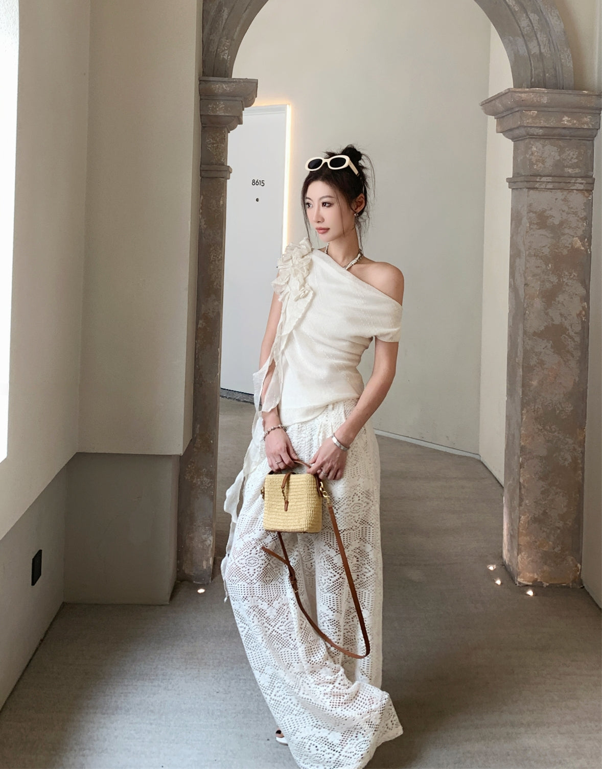 Hollow Lace Wide-Leg Pants