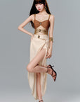 Ombre Strapless One-Piece Swimsuit + Slit Maxi Skirt (2-Piece Set)