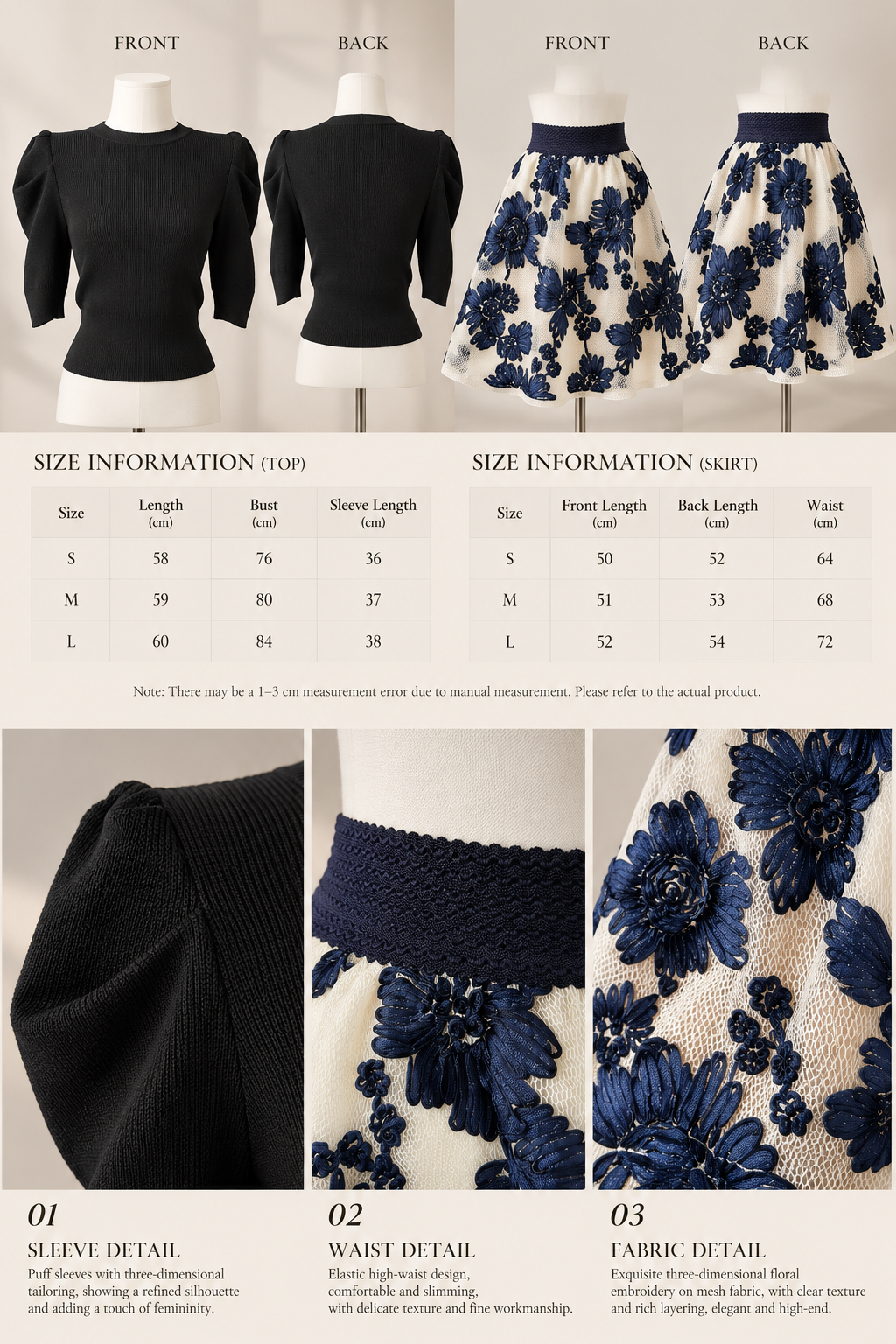 Korean-Style Vintage Blue &amp;amp; White Embroidered Skirt and Knit Top Set
