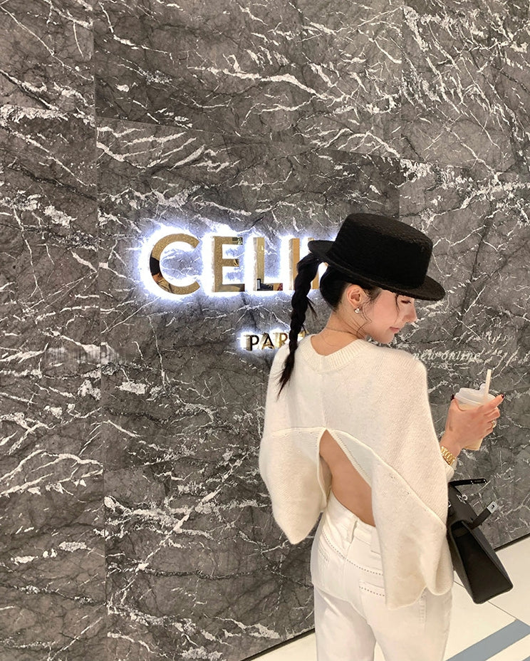 Back-Slit Relaxed Patchwork Batwing Sleeve Knit Top