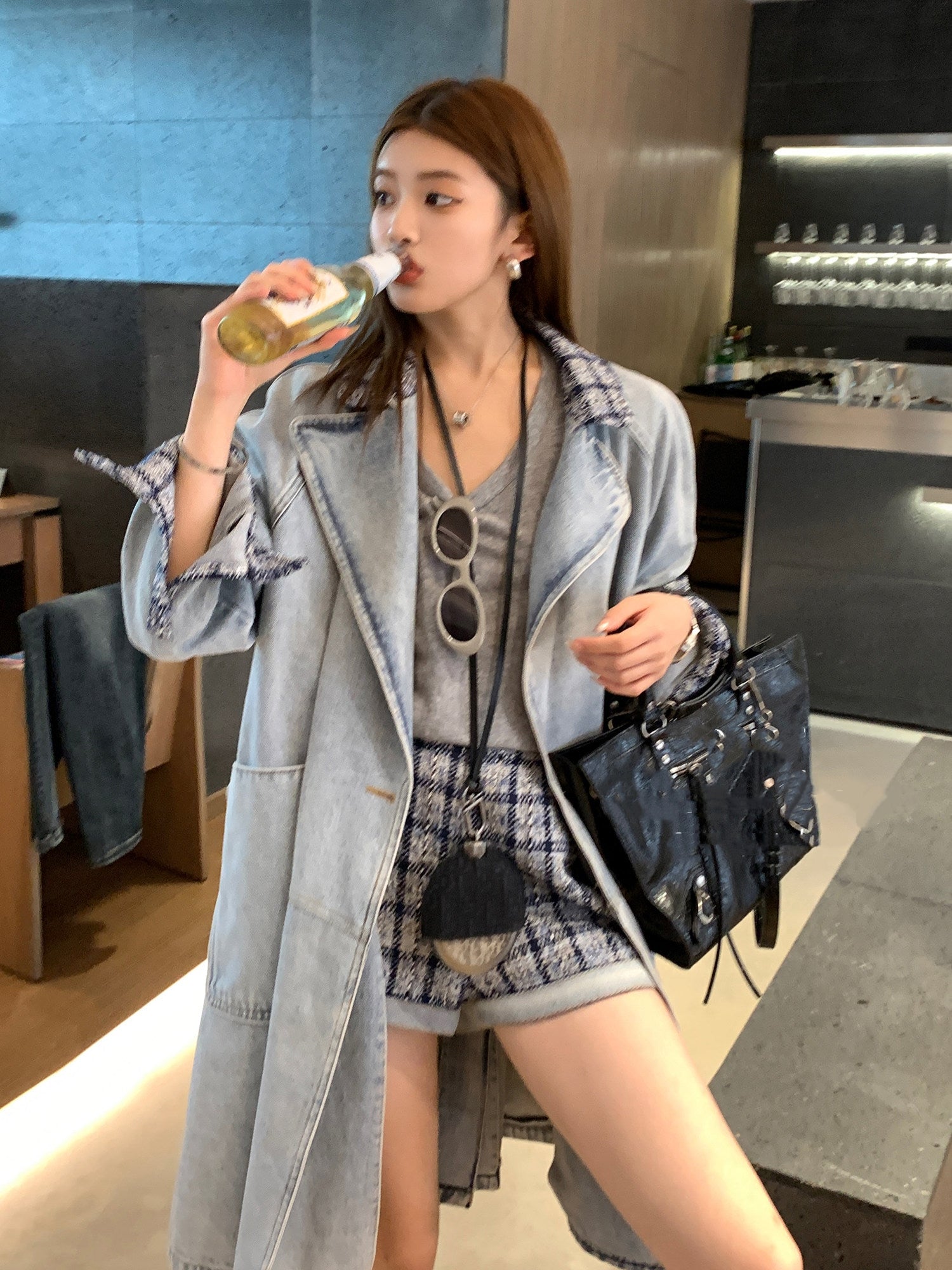 Elegant Tweed Patchwork Washed Denim Trench Coat