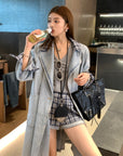 Elegant Tweed Patchwork Washed Denim Trench Coat