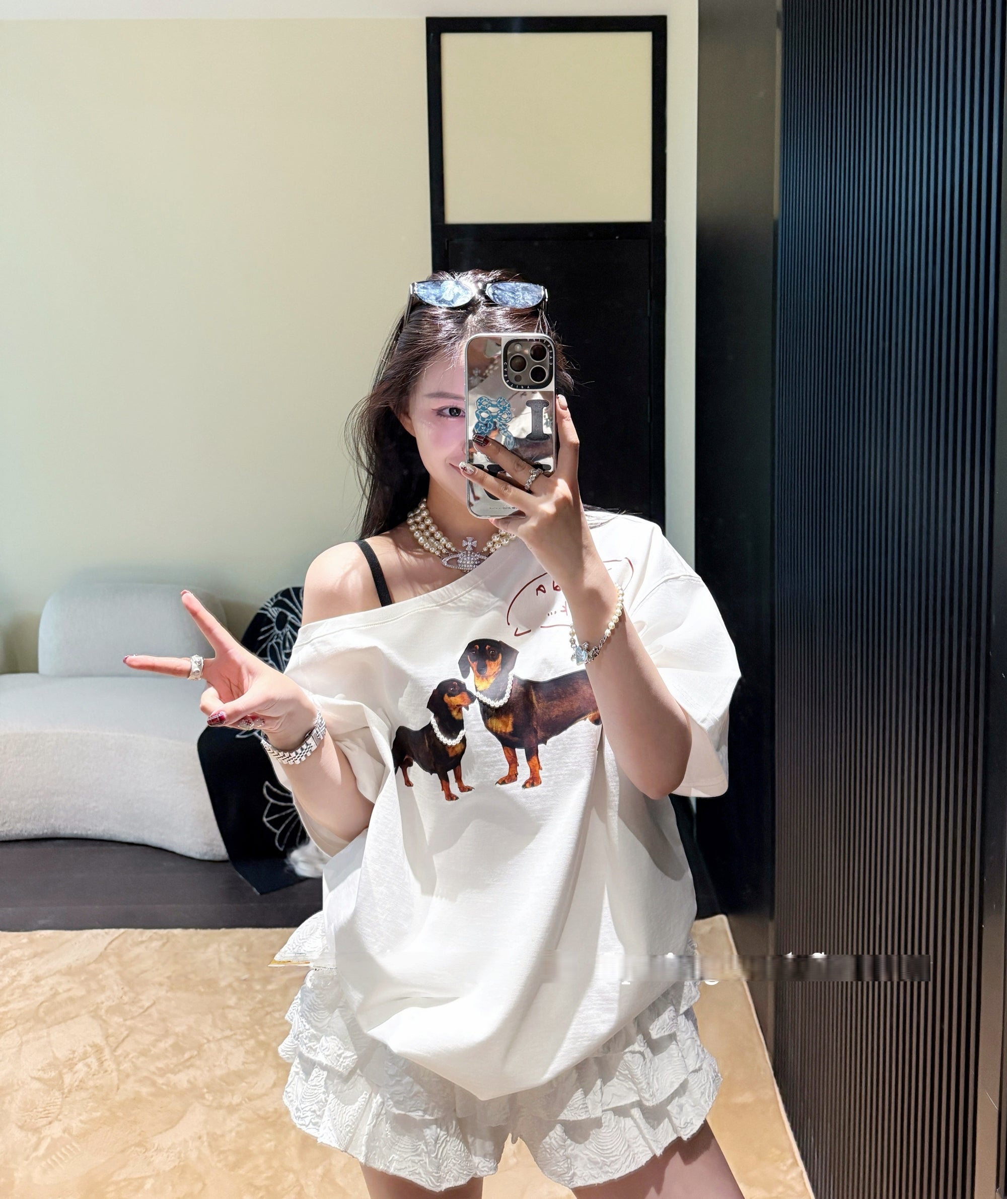 JENNIE Style One-Shoulder Oversized Dachshund Cotton Tee