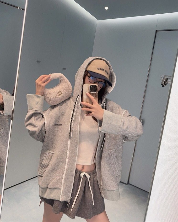 Ruffled Trim Hooded Zip-Up Sweatshirt