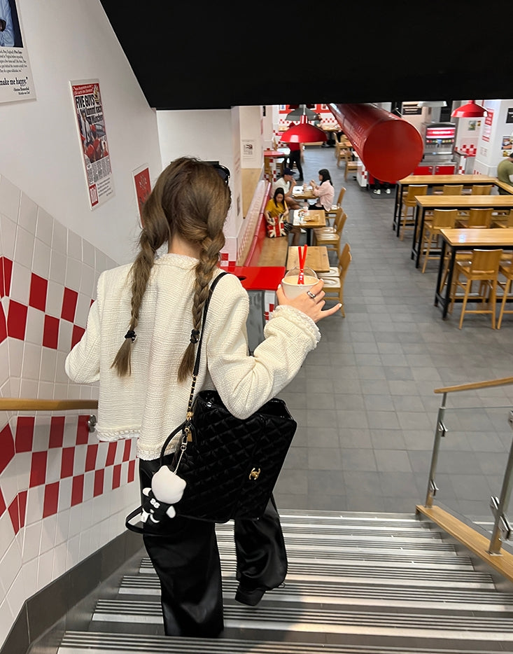 Golden Wool-Blend Tweed Short Jacket with Pearl Detailing