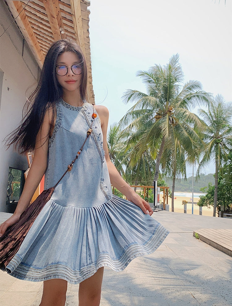 Pleated Denim Vest Dress