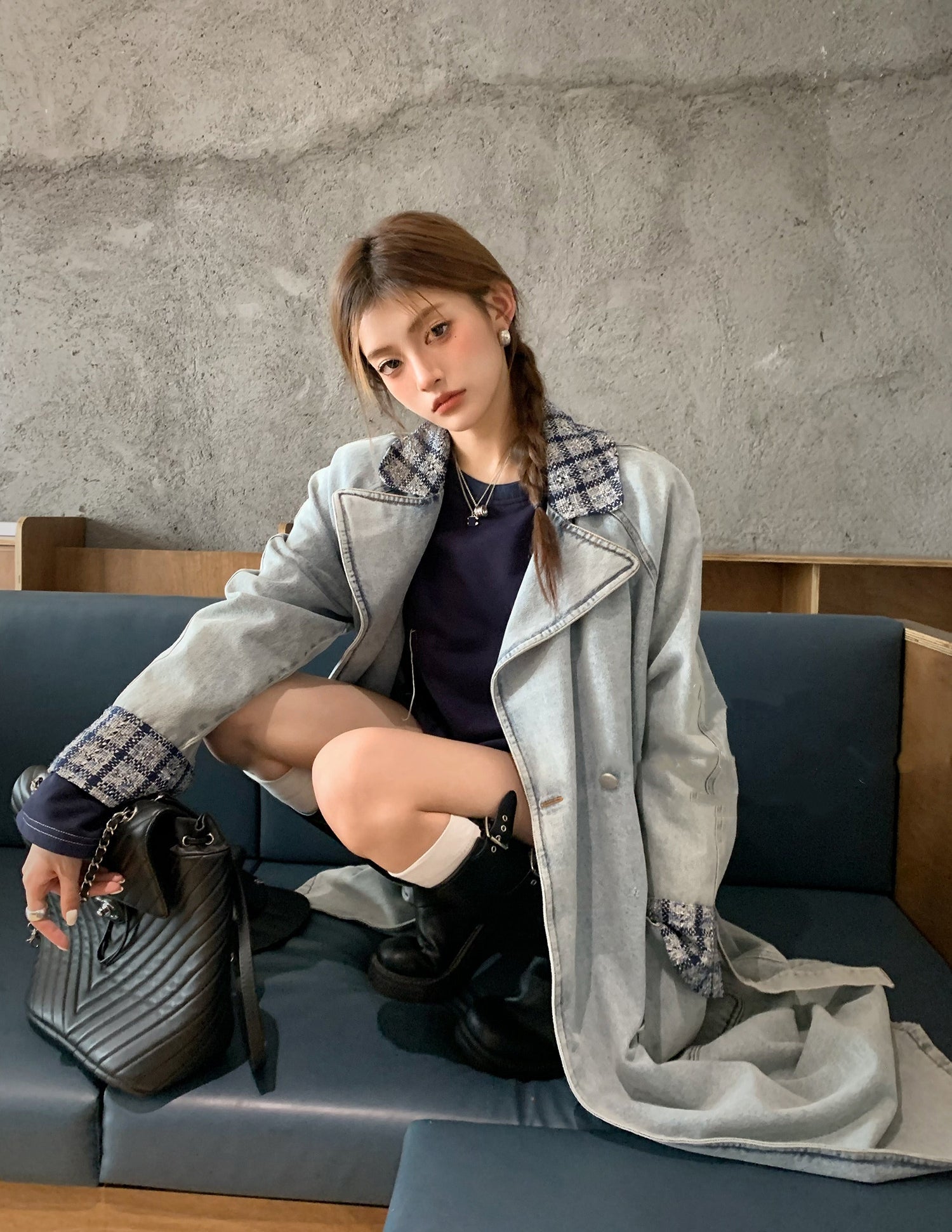 Elegant Tweed Patchwork Washed Denim Trench Coat