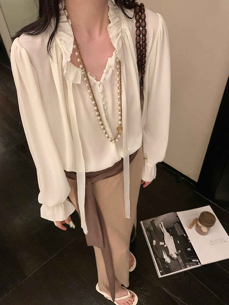 White Moonlight Ribbon Chiffon V-Neck Blouse