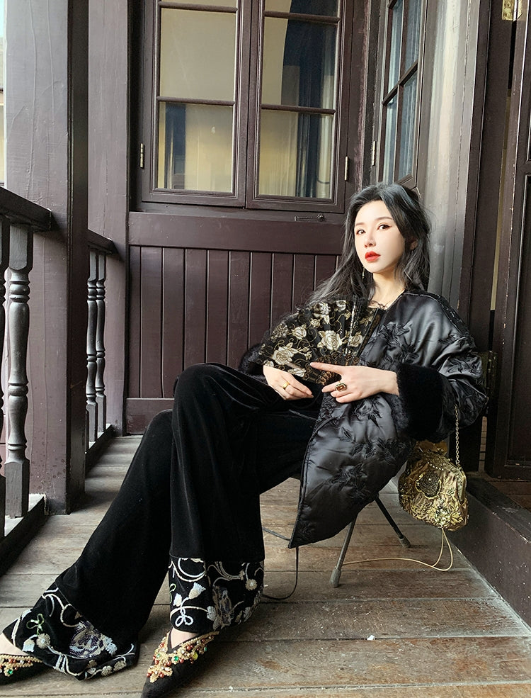 New Chinese Style Satin Embroidered Down Jacket (Without Fur Scarf)