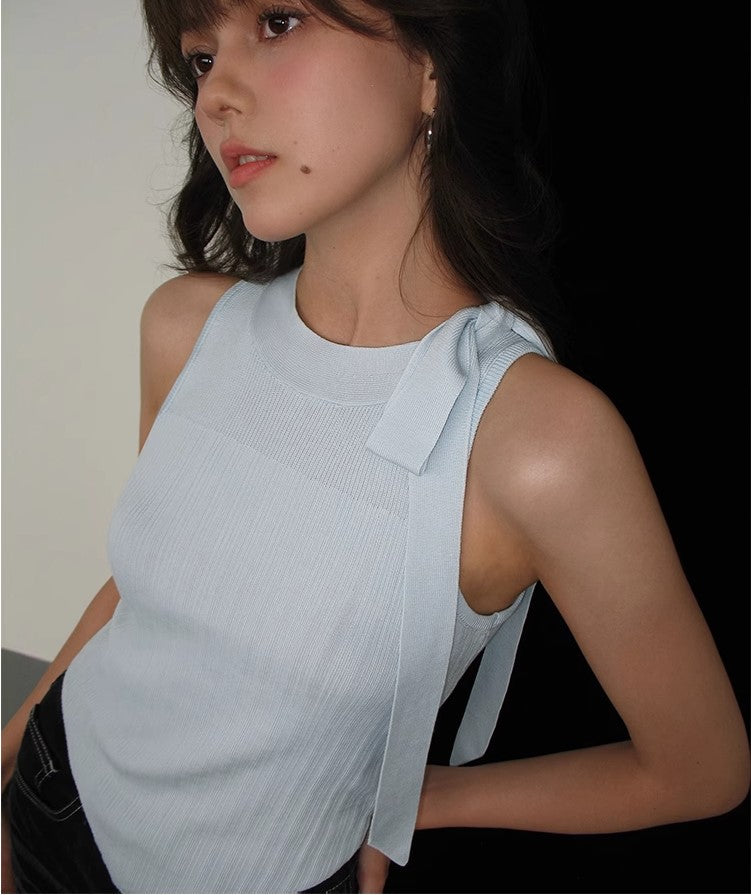 Side Bow Tie Lace-up Sleeveless Tencel Vest