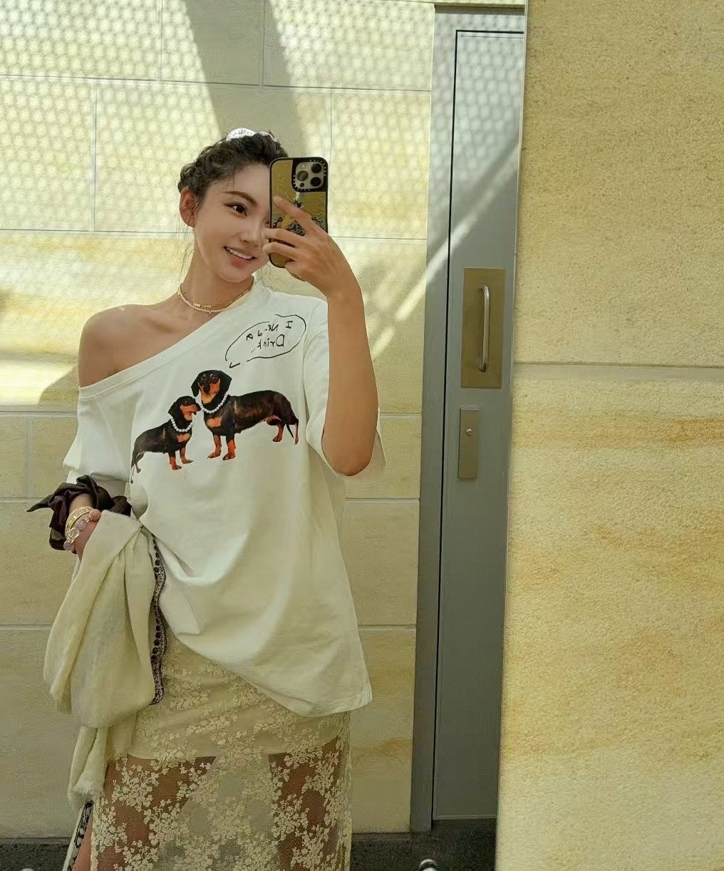 JENNIE Style One-Shoulder Oversized Dachshund Cotton Tee