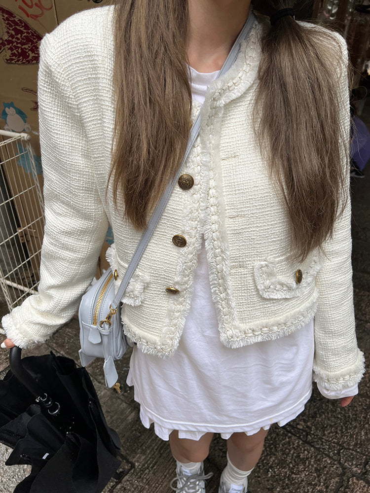 Golden Wool-Blend Tweed Short Jacket with Pearl Detailing