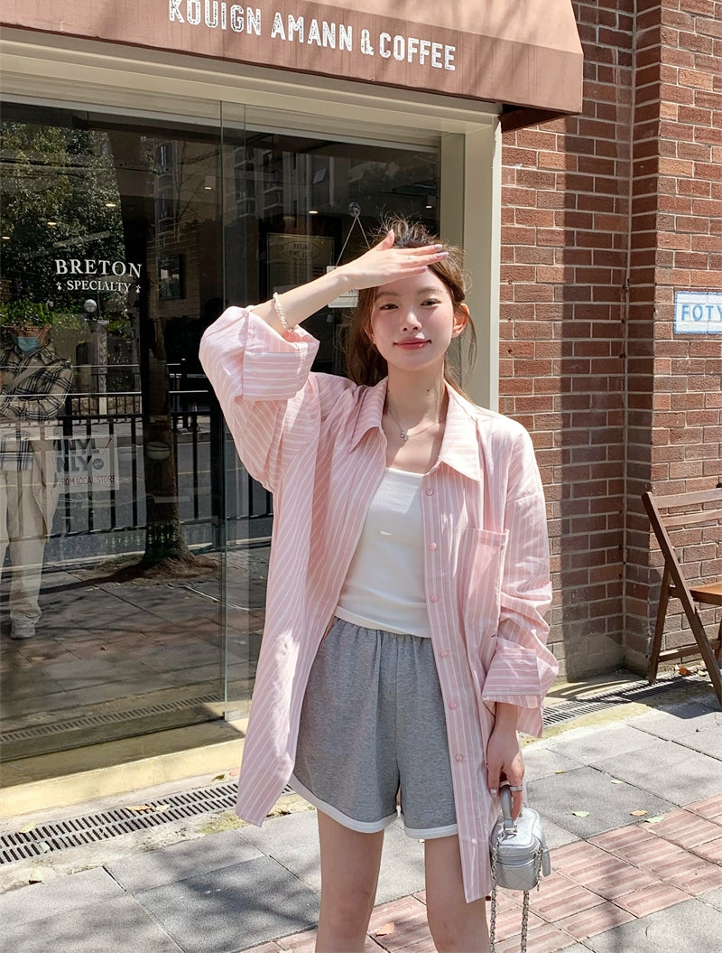 Korean-Style Sweet Pink Striped Shirt