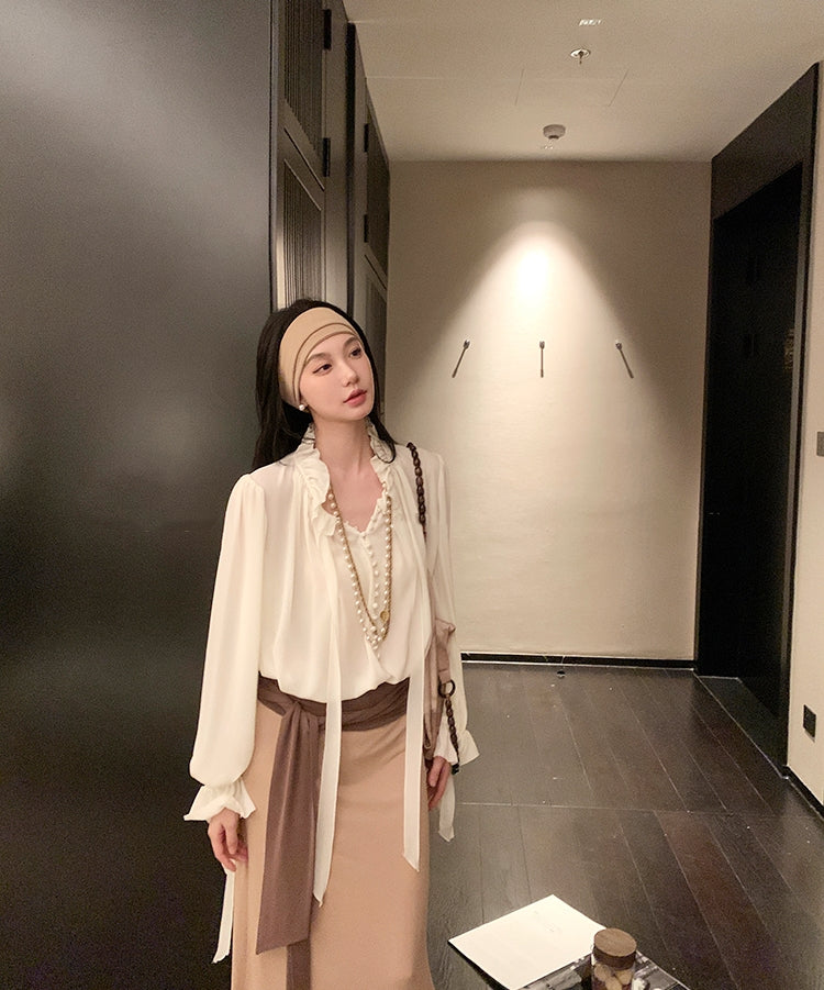 White Moonlight Ribbon Chiffon V-Neck Blouse