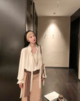 White Moonlight Ribbon Chiffon V-Neck Blouse