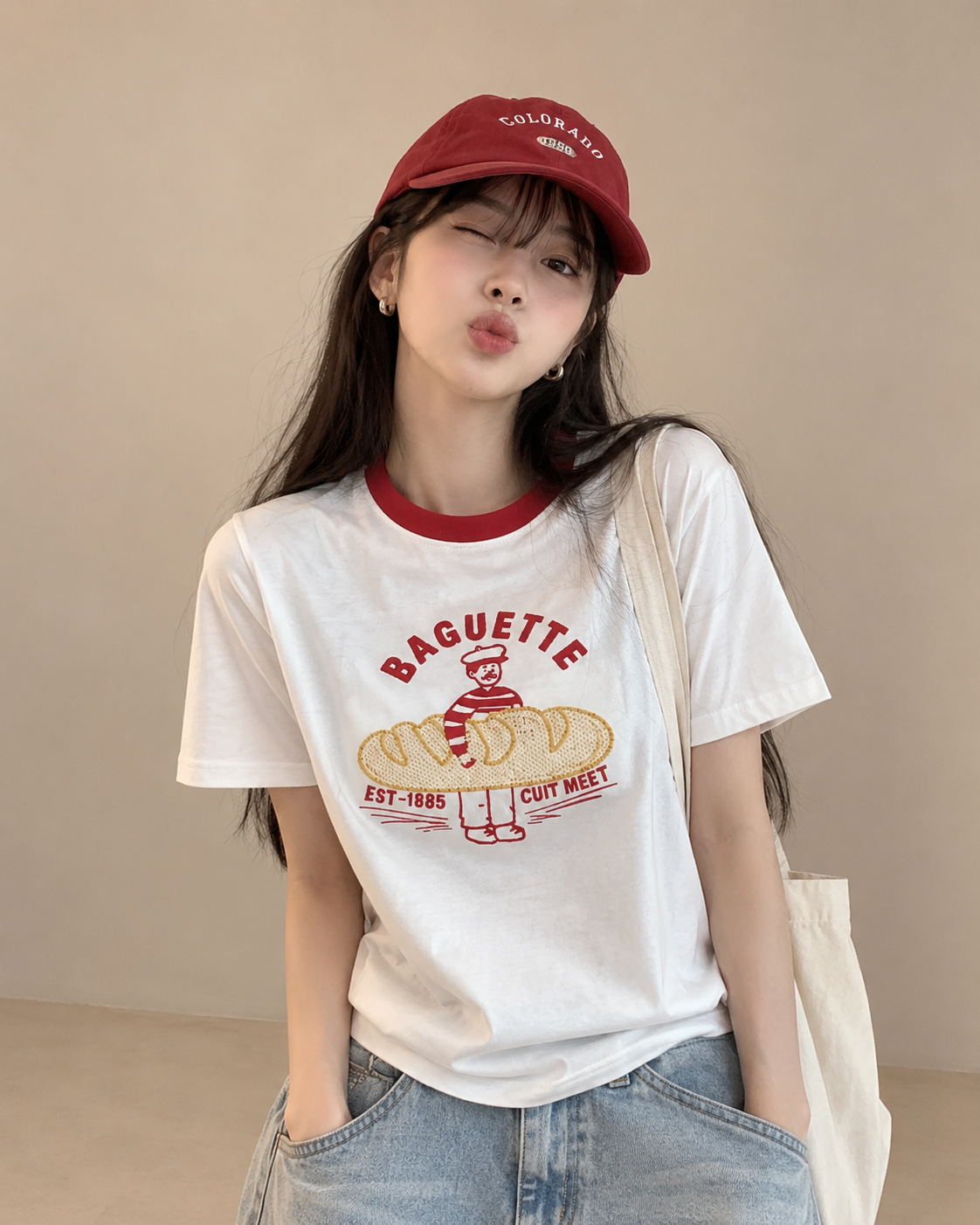 Korean-Style 3D Bread Embroidery Cotton Tee