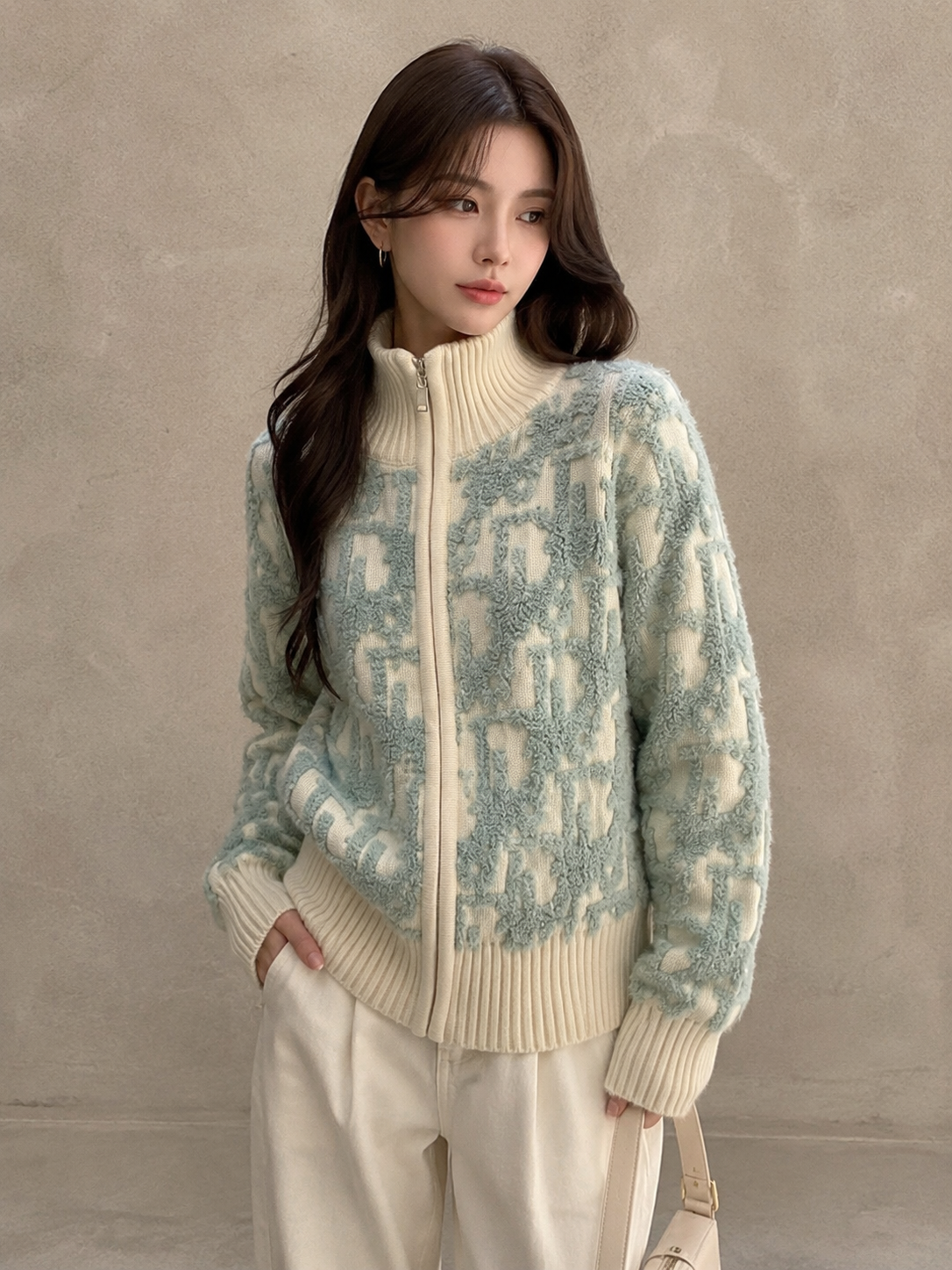 Letter Jacquard Wool Thick Jacket