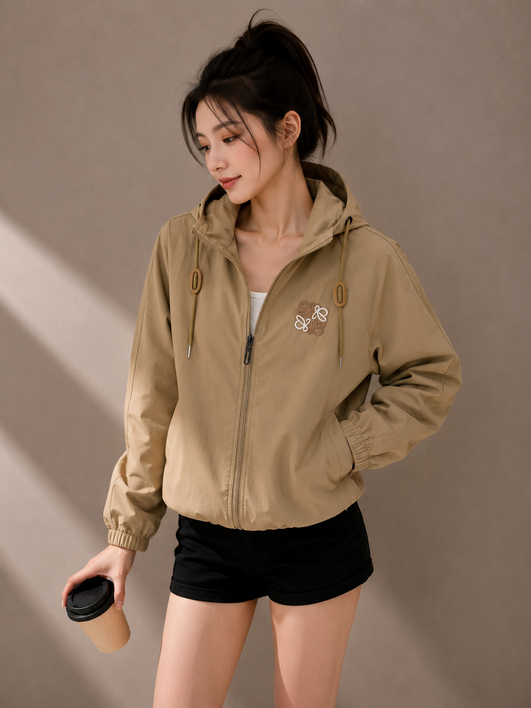 Khaki hooded windbreaker jacket