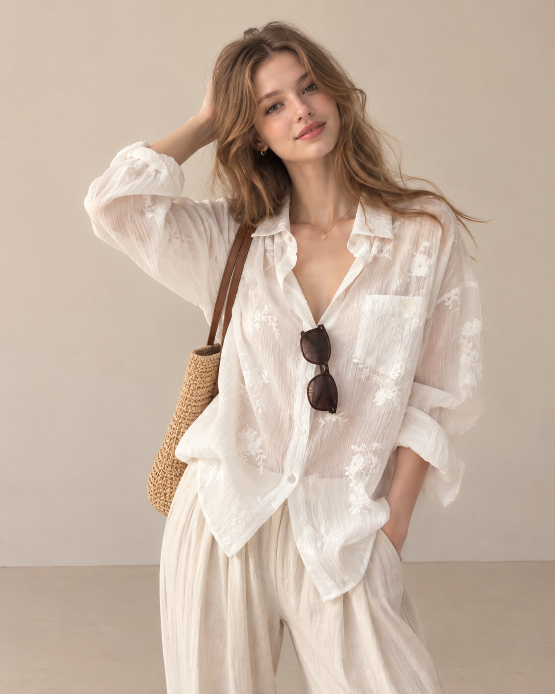French‑style embroidered jacquard tencel shirt.