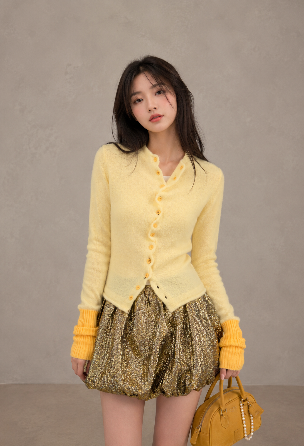 Contrast Wave-Edge Knit Cardigan