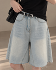 Light-Wash Wide-Leg Denim Bermuda Shorts