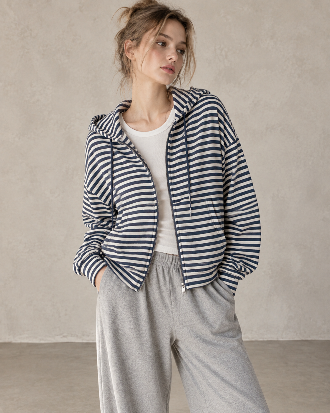 Korean-Inspired Blue Striped Hooded Zip-Up