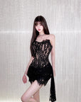 Fishbone Waist-Cinching Lace Sexy Little Black Dress