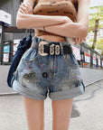 Graffiti Cuffed Denim Shorts (Belt Not Included)