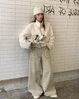 Vintage Suede Embroidered Contrast Stitch Wide-Leg Pants